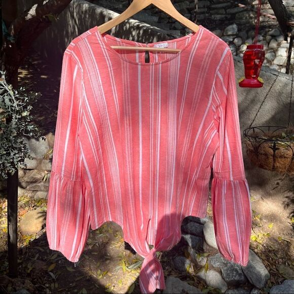 ROSE CORAL WHITE STRIPE LONG BELL SLEEVE KNOTTED BLOUSE SIZE XL - Picture 7 of 9